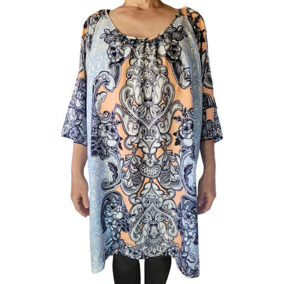 GIBSON LATIMER Boho Cold Shoulder Mumu Dress L Blue Festival Hanky Hem Tunic - Picture 2 of 10